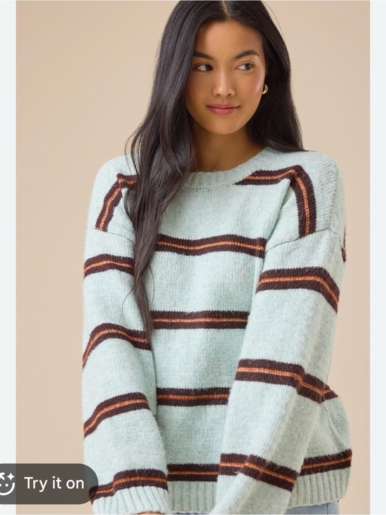 Altar'd State Sweaters - Striped Crewneck Sweater in Light Mint and Brown